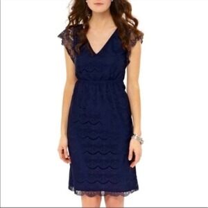 Fossil Penny Lace Dress M‎ Bohemian Cap Sleeve V-Neck Elastic Waist Scallop Navy